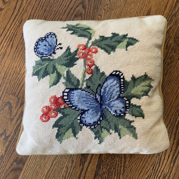 Other - Vintage Finished Needlepoint Throw Pillow BUTTERFLIES Butterfly Wool Velvet